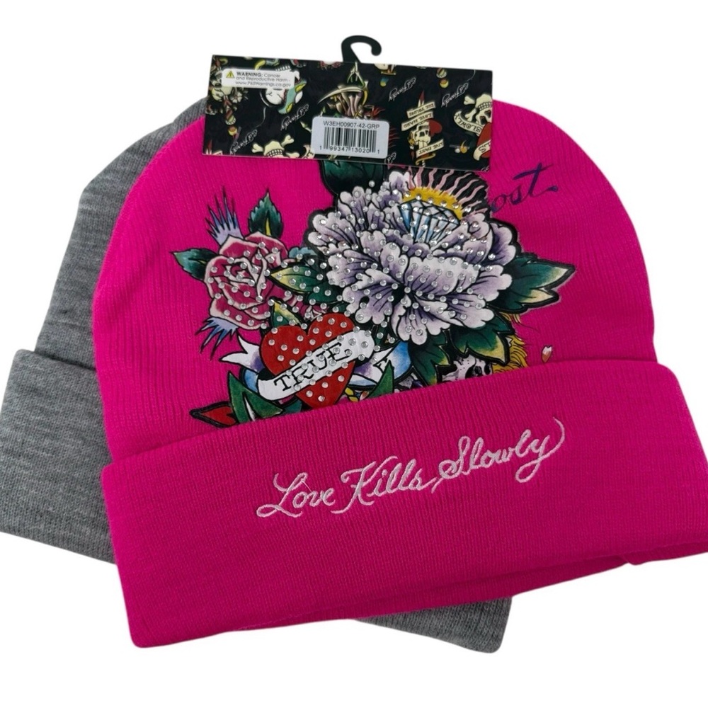 Ed Hardy Set of 2 Gray and Pink Beanie Set Love Kills Slowly NWT